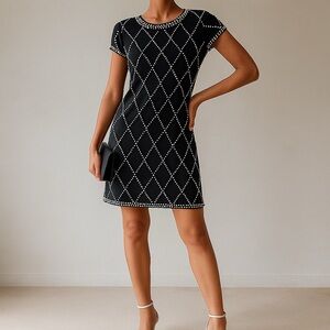 Betsy & Adam Black Mini Dress with White Diamond Embellished Pattern Size 10P